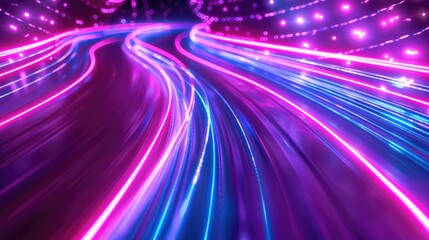 Wall Mural - Vibrant neon light trails in motion on a futuristic tunnel background.