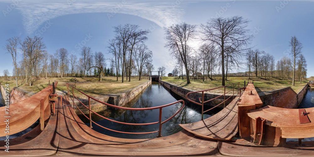 hdri 360 panorama near gateway lock construction on river, canal for ...