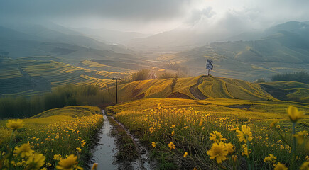 Wall Mural - A rainy morning, In the rapeseed fields. Aerial high view. Generative AI.