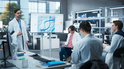 Leinwandbilder - Group of Talented Female and Male STEM Students Having a Meeting with Their Teacher in a Modern Laboratory. Professor Showing a Presentation About Biochemistry or
Biophysics on Screen