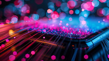 Poster - A phone is on a screen with a colorful background. The background is made up of many small dots, creating a sense of movement and energy. The phone is the main focus of the image