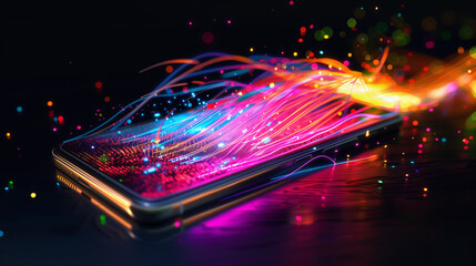 Poster - A phone is on a screen with a colorful background. The background is made up of many small dots, creating a sense of movement and energy. The phone is the main focus of the image