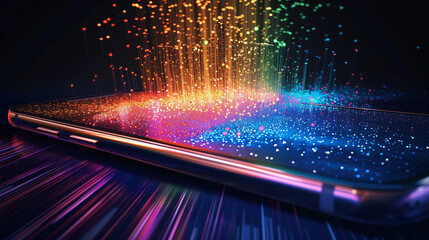 Poster - A phone is on a screen with a colorful background. The background is made up of many small dots, creating a sense of movement and energy. The phone is the main focus of the image