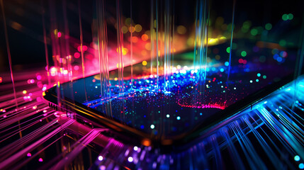 Poster - A phone is on a screen with a colorful background. The background is made up of many small dots, creating a sense of movement and energy. The phone is the main focus of the image