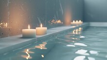 A Bathtub Filled With Water, With Three White Candles Set On Its Edge. The Light From These Candles Illuminates Part Of The Blank Wall Behind Them. Generative AI.