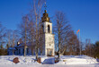 Church of Idre with snow and blue sky