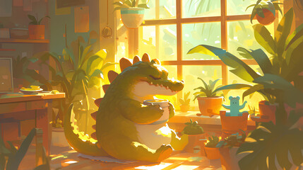 Poster - relax cute crocodile. crocodile at home background illustration