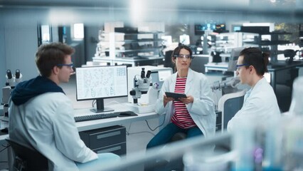 Poster - Female Medical Supervisor Having a Conversation with Two Young Scientist About a Gene Editing Research Project, Technology and Experiments. Smart Diverse Team Working in a Laboratory