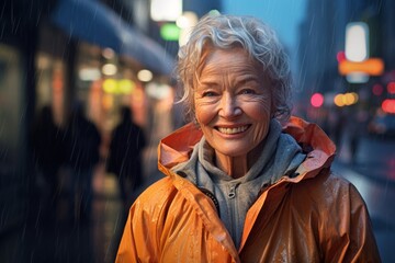 Poster - Portrait of a grinning woman in her 70s sporting a waterproof rain jacket while standing against bustling city street background