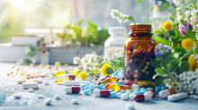 Organic Herbal Capsule Medicine With Natural Herbal Leaf Supplements. Multivitamin Capsules And Supplements On The Table With A Natural Blurred Background Of Green Leaves