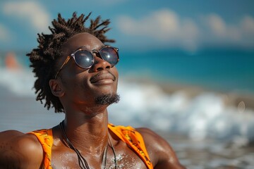 A man with dreadlocks wearing sunglasses stands on a beach, enjoying the sun and the ocean waves.