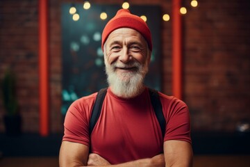 Wall Mural - Portrait of a satisfied man in his 60s dressed in a warm ski hat on vibrant yoga studio background