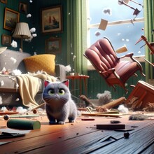 Gray Cat Made A Mess In The Apartment, 3d Animation Style