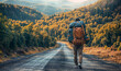 solo man with big backpack hiking on an empty path  in the middle of nowhere hitchhiking 