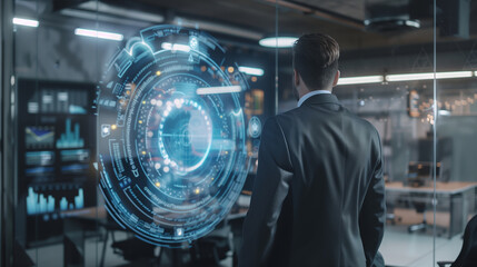 Poster - A man is sitting at a desk in front of a computer monitor with a blue circle on it. The man is wearing a suit and tie. Concept of professionalism and focus