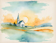 Watercolor Painting of a Church at Sunrise in Countryside