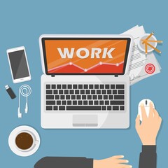 Poster - Persona che lavora su computer portatile analizzando illustrazione  , concetto di libero professionista mani sul posto di lavoro - illustrazioni 