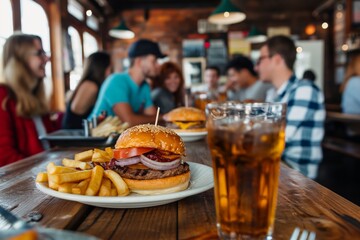 Group of friends bonding over delicious burgers and fries at a favorite local diner