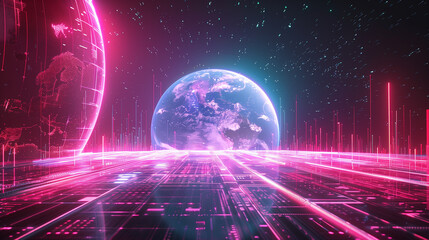 Poster - A futuristic cityscape with a pink planet in the background. The city is filled with neon lights and the sky is filled with stars. The scene is futuristic and otherworldly