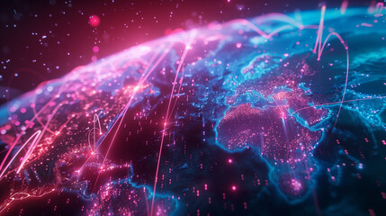 Poster - A futuristic cityscape with a pink planet in the background. The city is filled with neon lights and the sky is filled with stars. The scene is futuristic and otherworldly