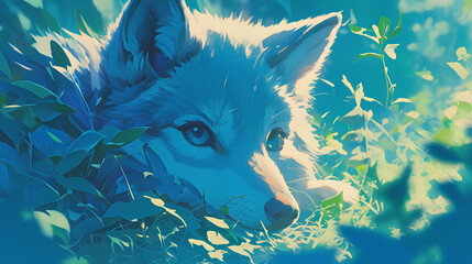 Wall Mural - relax cute wolf in the forest background illustration