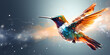 hummingbird in the air, data flow concept with Digital humming bird flying on dark-blue background