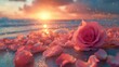 pink roses and rose petals on the beach at sunrise. 