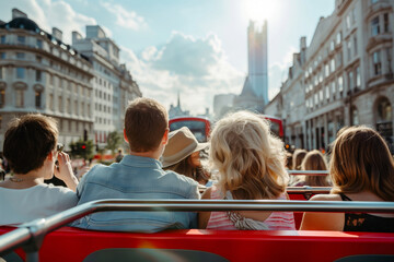 back view of tourists riding an open-top bus on a guided city sightseeing tour under a clear blue sk