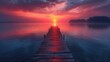 Pier extending into a calm lake at sunset. AI generate illustration