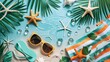 A creatively arranged top view of sunglasses and flip flops with a beach towel, accented by palm leaves and starfish, capturing the quintessence of a beach vacation
