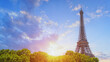 Paris Eiffel tower in France, isolated on blue sky. Travel landmark, copy space.