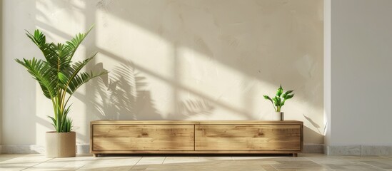 Canvas Print - Mockup of a wooden TV cabinet interior wall in a living room setting, featuring a small tropical plant and empty space at the center of the picture to showcase the product.