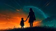 © Leon K - Sillhouettes of a mother and a child standing on the top of the hill in front of scenic panoramic landscape view. Dramatic colorful family love motherhood illustration wallpaper concept.