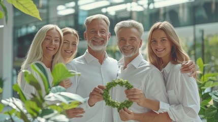Poster - Colleagues celebrating success in modern office with copy space, blurred background