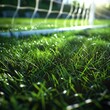 Ultra-realistic images of a soccer field in close-up. Bright green grass, clear white lines, and fine details of the goalposts and net. 
