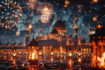 large building with many lights and fireworks in the sky, mosque architecture religion minaret islam travel arab muslim holy asia ramadan dubai evening culture