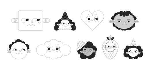 Poster - Groovy cute black and white 2D vector avatars illustration set. 70s retro heart, cloud, strawberry outline cartoon character faces isolated. Cone party flat user profile images collection portraits