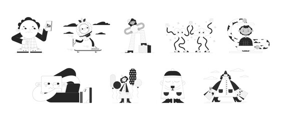 Poster - Funny geometric shape people black and white 2D illustration concepts set. Cute retro cartoon outline characters isolated on white. Mascot geometry figures metaphor monochrome vector art collection