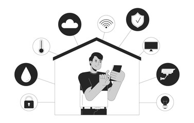 Poster - Smart home phone man black and white 2D illustration concept. Remote access with smartphone indian guy cartoon outline character isolated on white. Smart house technology metaphor monochrome vector