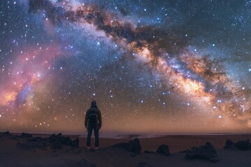 portrait of young man with the milky way at cosmic landscape
