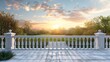 a beautiful white balcony with white luxury railing, looking out to a beautiful sunset, green grass, stone path, trees