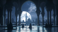 3D Illustration Showcasing The Essence Of Eid Al-Adha, With Graceful Silhouettes Of Worshippers In Traditional Attire Performing Prayers Against A Backdrop Of Intricate Islamic Architecture 