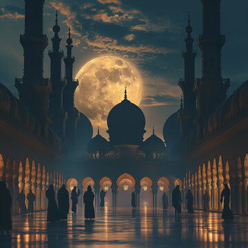 3D illustration showcasing the essence of Eid Al-Adha, with graceful silhouettes of worshippers in traditional attire performing prayers against a backdrop of intricate Islamic architecture 