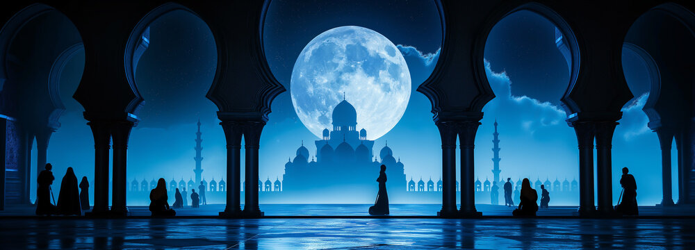 3D illustration showcasing the essence of Eid Al-Adha, with graceful silhouettes of worshippers in traditional attire performing prayers against a backdrop of intricate Islamic architecture 