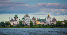 View Of High Perspective Of Cathedral And Buildings On Island In Lake, Rostov, Russia.