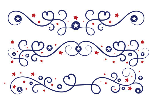 4th of July lettering header Ornate swirls, patriotic red stars, and blue Elegant fancy separators Decorative Elements, American Independence Day Calligraphy Flourishes text dividers
