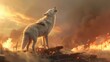 Howling wolf standing on a log in the twilight, against a backdrop of fire and rain, a powerful representation of resilience