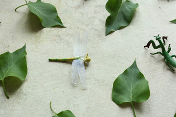 Sticker - Green leaves and toy insect on old paper background. Flat lay.