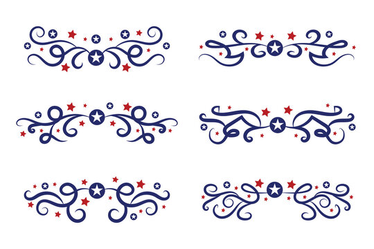 4th of July lettering header Ornate swirls, patriotic red stars, and blue Elegant fancy separators Decorative Elements, American Independence Day Calligraphy Flourishes text dividers