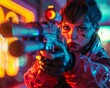 A rogue hacker with striking cyberpunk aesthetics brandishes a Bazooka, its metallic frame reflecting the vivid hues of neon lights , hyper realistic